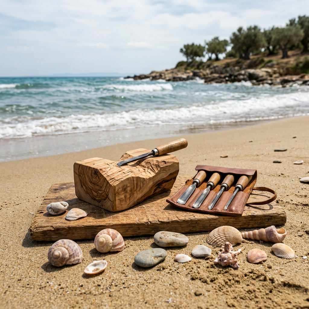 Wood carving tools and seashells arranged on a beach beside waves